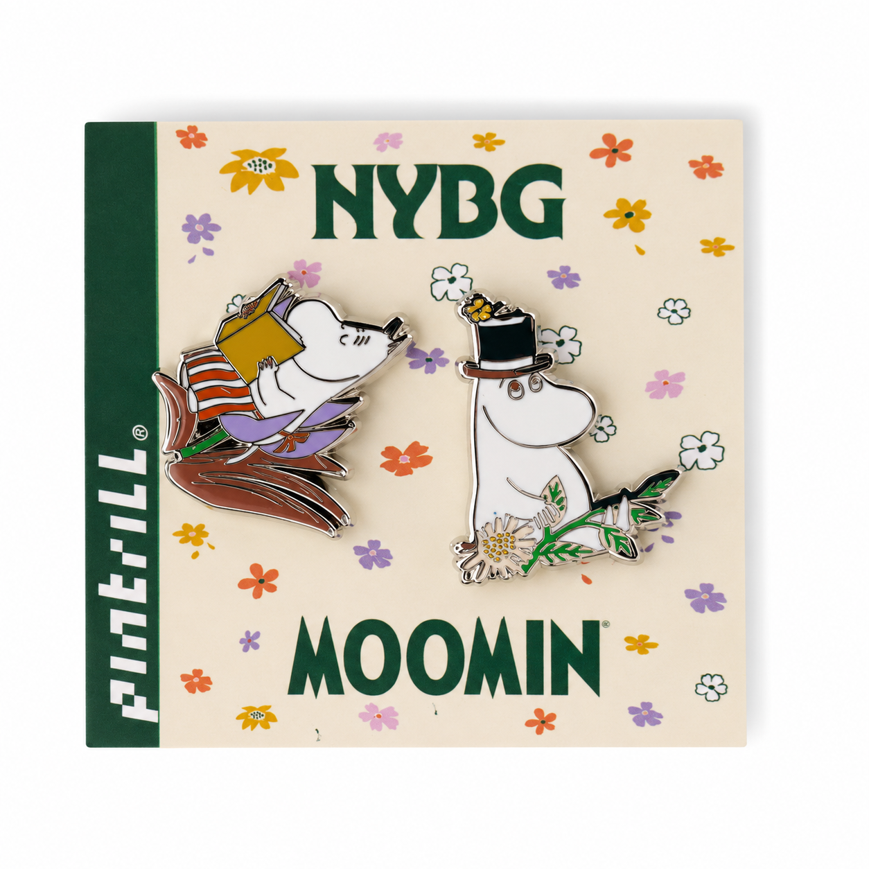 Two enamel pins displayed on a printed backing card. The backing card has a cream background with small colorful flowers, green 'pintrill' text at the top, and vertical green 'NIOMN' and 'NYBG' text.