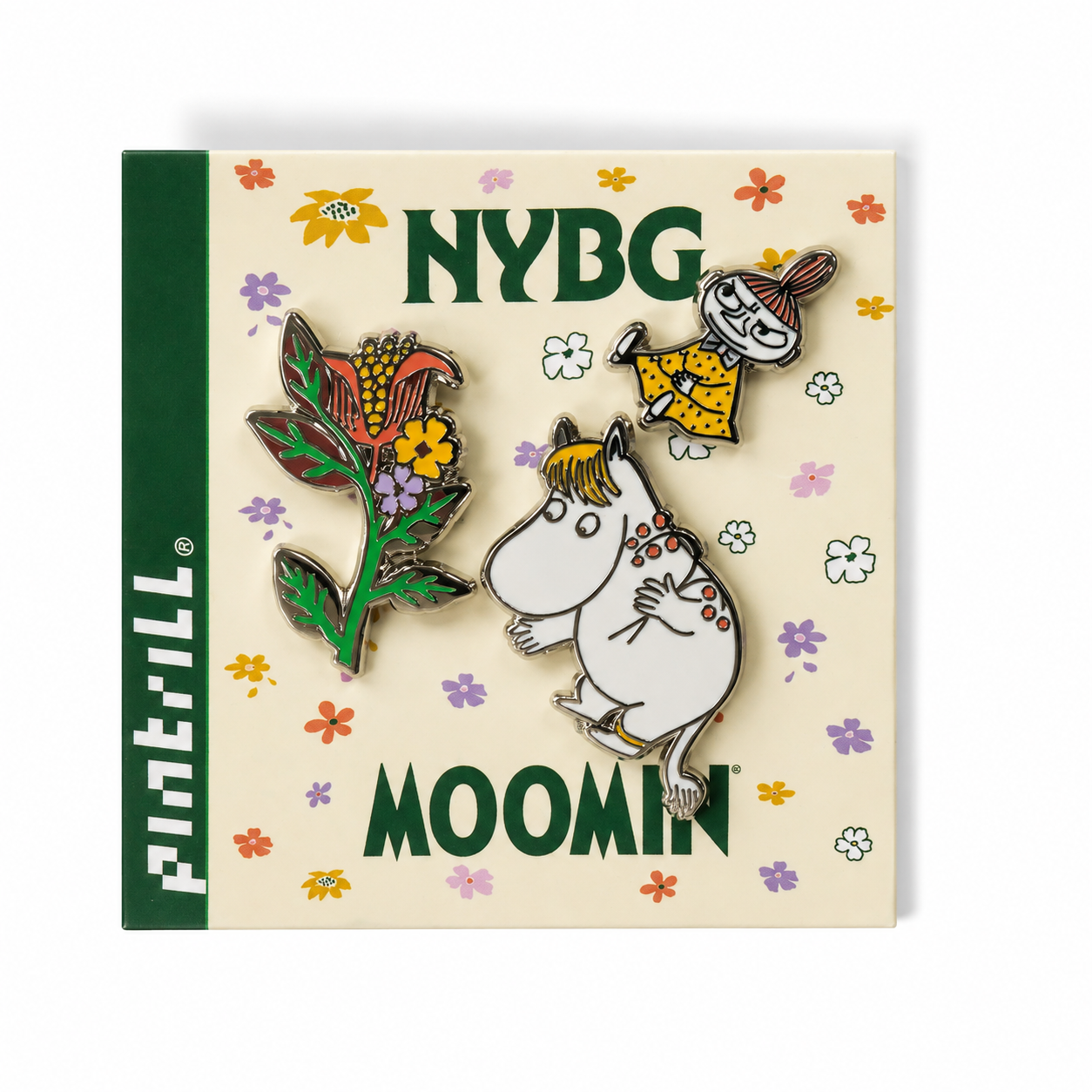 A set of threeenamel pins from the brand Pintrill, featuring Moomin characters and nature motifs, displayed on their original cream-colored backing card with green branding.