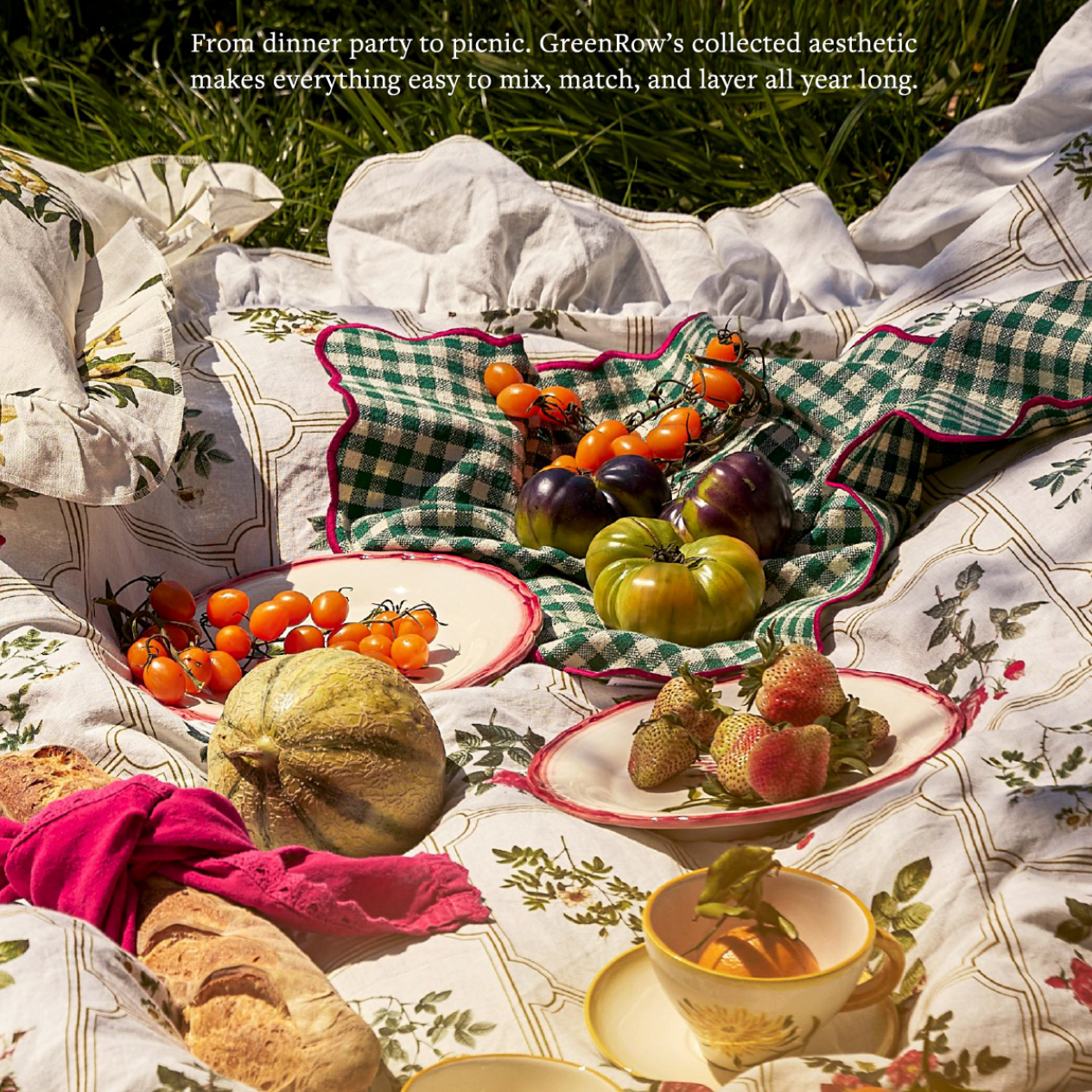 A styled picnic scene on a floral picnic blanket outdoors, with a matching pillow, teapot, bread, fruit, and plates. Small text at the top reads, 'Bring summer party to picnic.